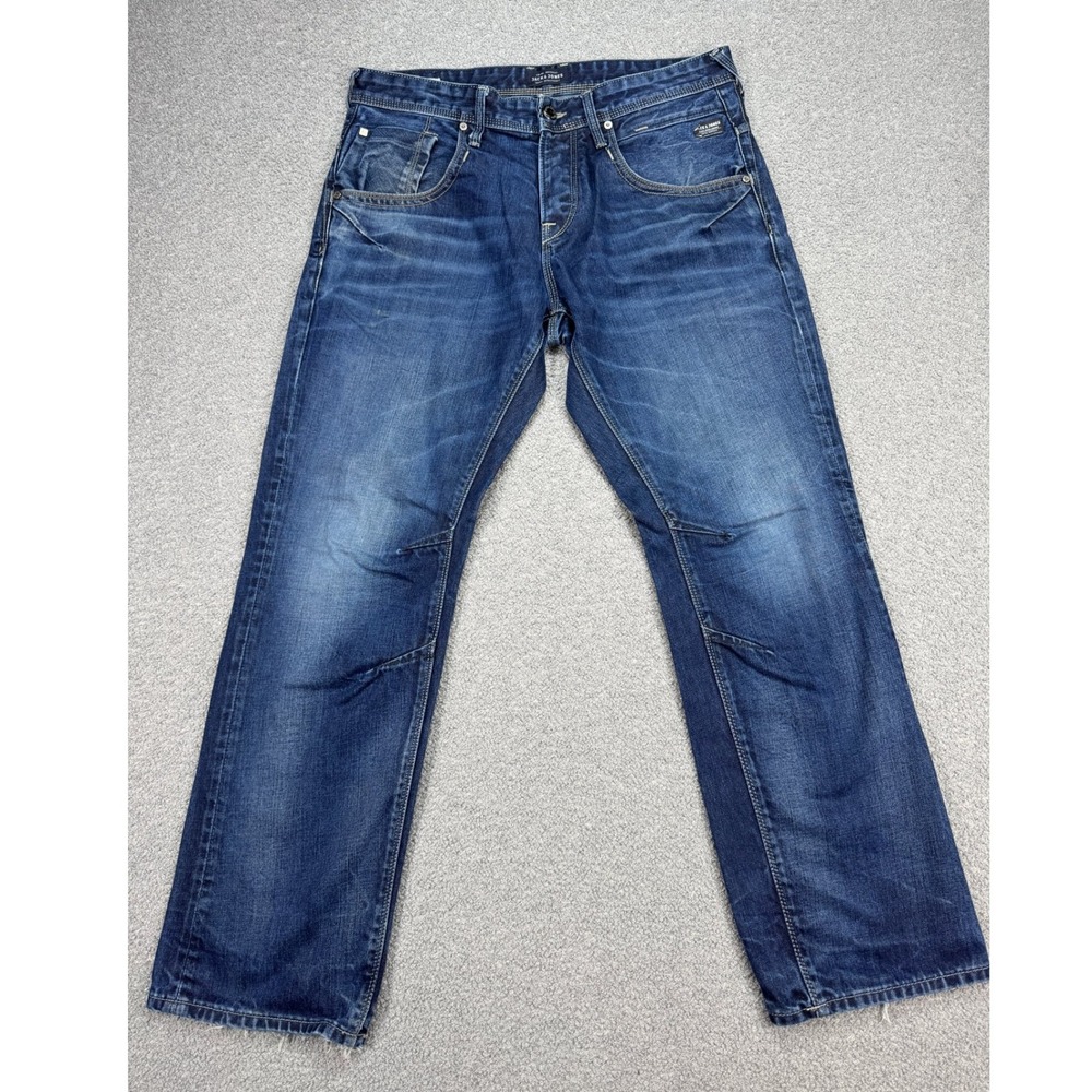 Jack & Jones Jeans Men's 35x29 Blue Dark Wash Straight Leg Mid Rise Whiskered